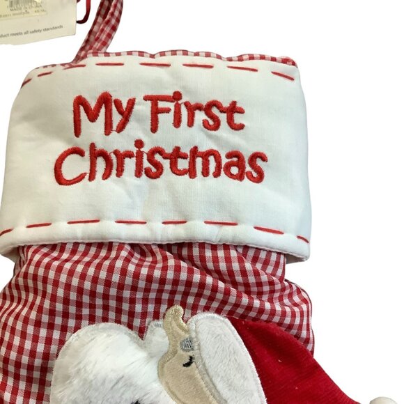 Babys My First Christmas Stocking Mud Pie Red White Santa Gingham 17” NEW - Picture 2 of 8